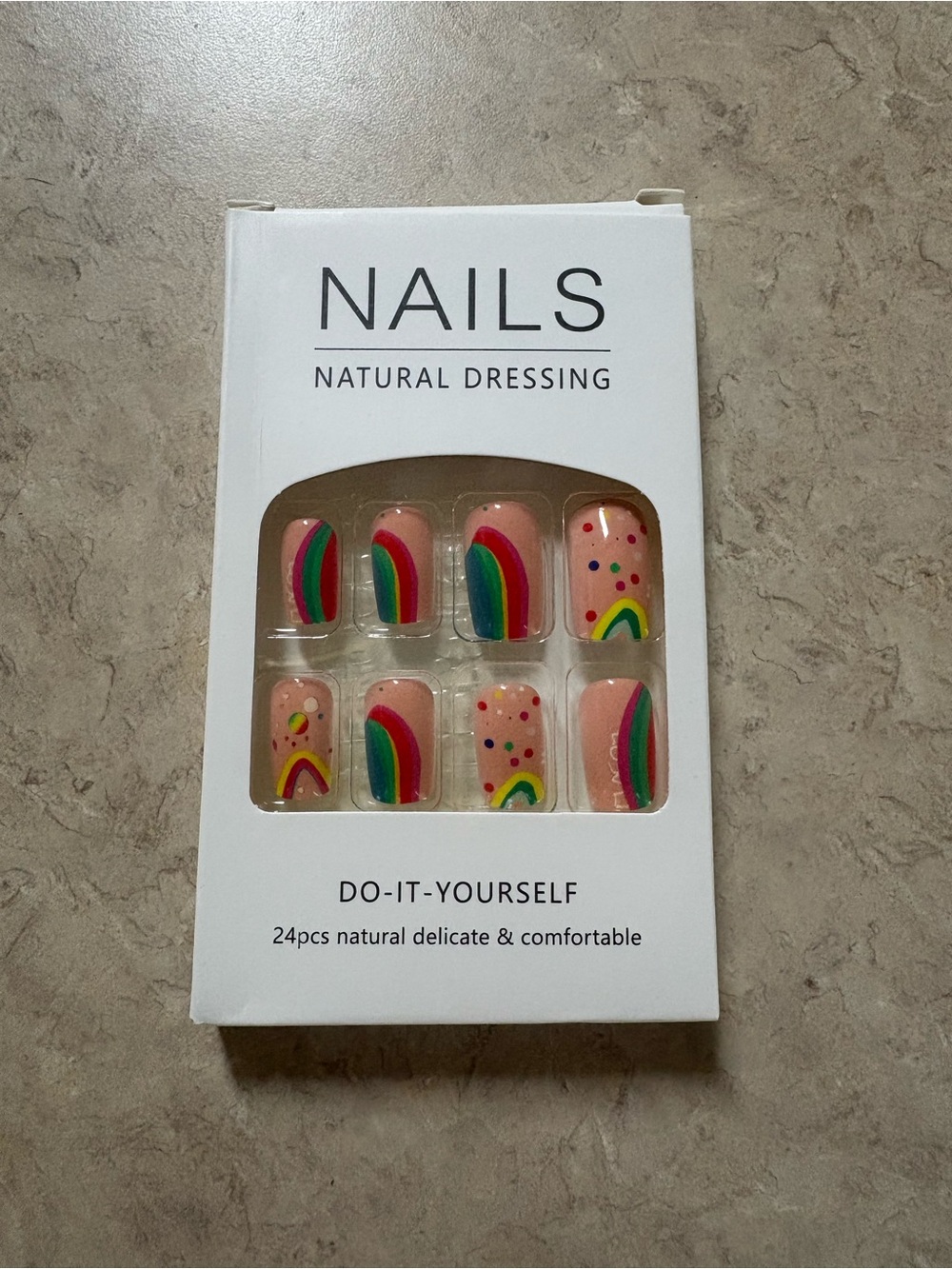 Rainbow Press-On Nails - Pink Base with Multicolor Rainbows